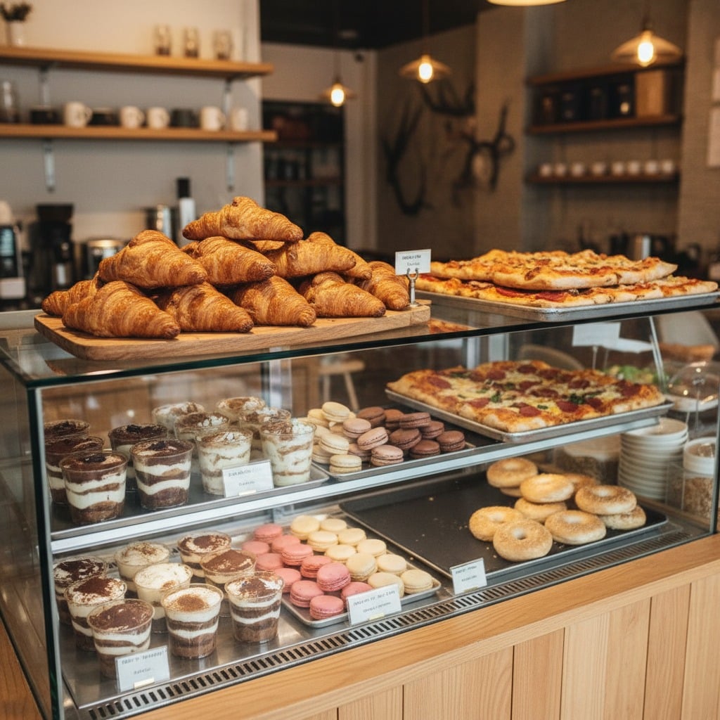 Kafe vitrininde croissant'lar, pizzalar, makaronlar ve kup tatlıları sergileniyor.