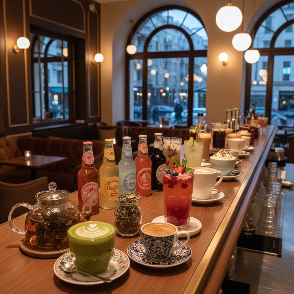 Şık bir restoranda, üzerinde çok sayıda farklı içecek ve şişenin dizili olduğu ahşap bir bar tezgahı.