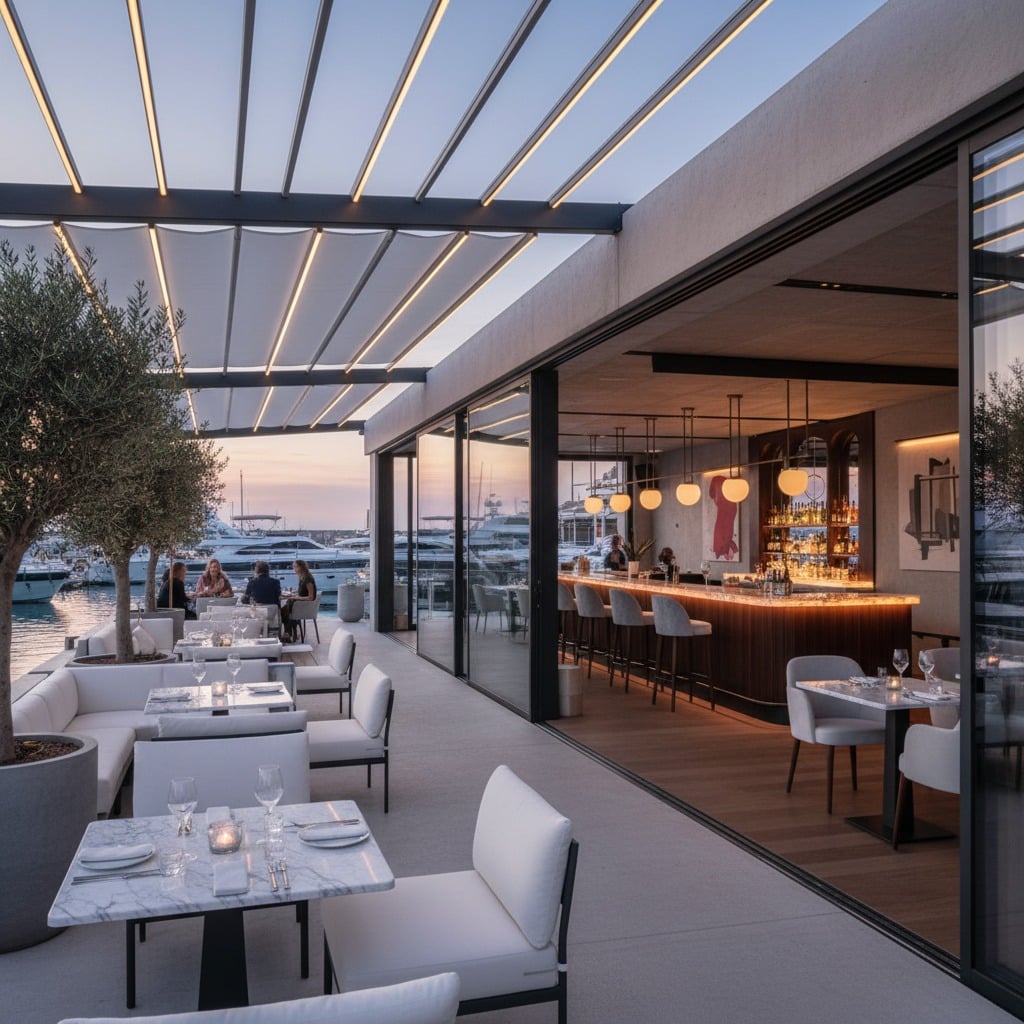 Akşam saatlerinde yat limanına bakan modern ve şık bir restoranın açık hava oturma alanı ve iç mekandaki barı görülüyor.