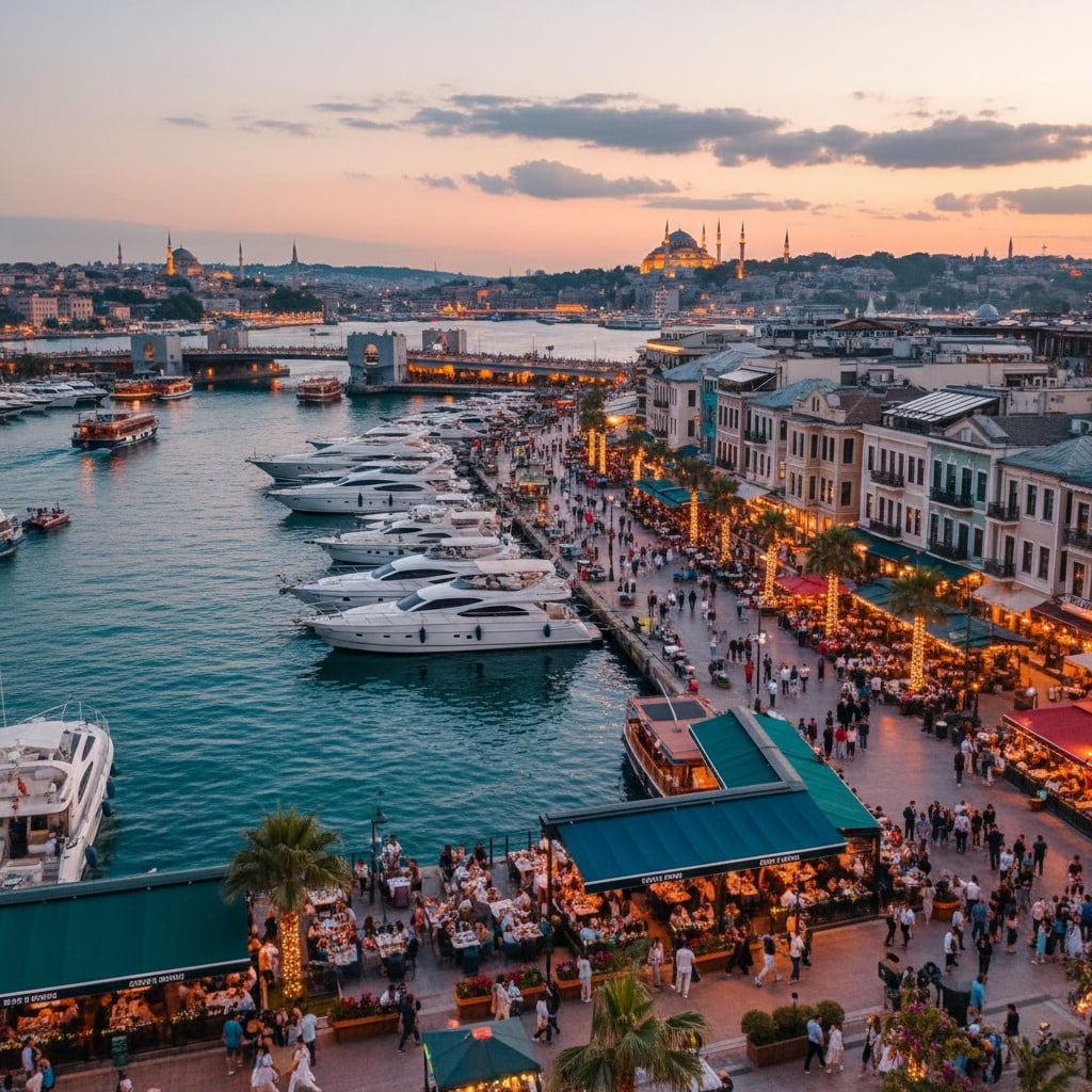 Gün batımında lüks yatların demir attığı ve kalabalık bir sahil gezinti yolunun yer aldığı İstanbul'un Karaköy sahilinin kuş bakışı görünümü.